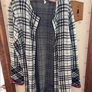 NY Collection Black and White Plaid Cardigan with Red Accents